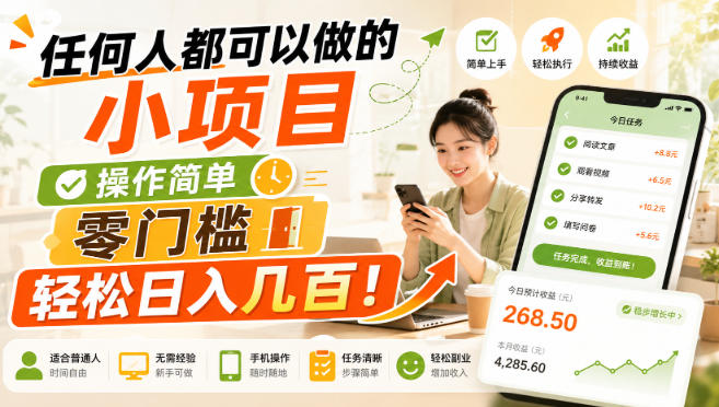 任何人都可以做的小项目：操作简单，零门槛轻松日入几百！-九九网创