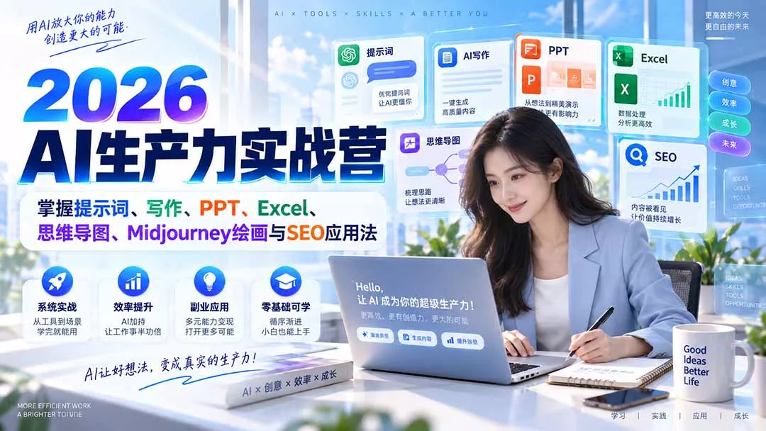 2026AI生产力实战营：掌握提示词、写作、PPT、Excel、思维导图、Midjourney绘画与SEO应用法-九九网创