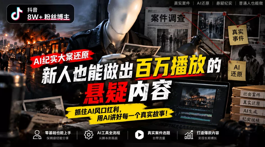 抖音8W粉丝博主的AI纪实大案还原教学，新人也能做出百W播放的悬疑内容，抓住AI风口红利，用AI讲好每一个真实故事(更新1014)