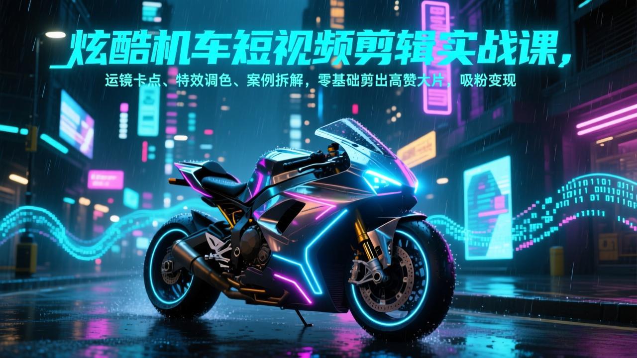 炫酷机车短视频剪辑实战课，运镜卡点、特效调色、案例拆解，零基础剪出高赞大片，吸粉变现-九九网创