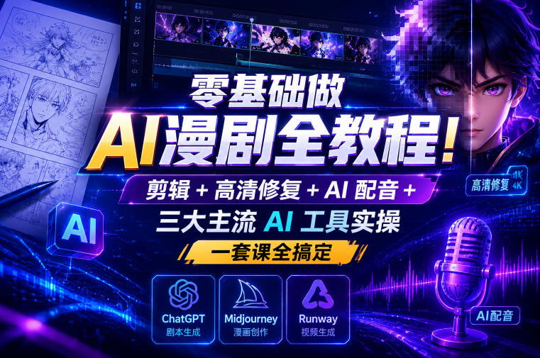 零基础做AI漫剧全教程！剪辑+高清修复+AI配音+三大主流AI工具实操，一套课全搞定-九九网创
