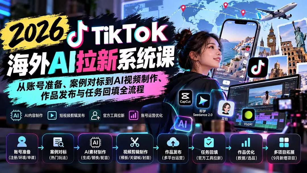【无水印】2026 TikTok海外AI拉新系统课：从账号准备、案例对标到AI视频制作、作品发布与任务回填全流程-九九网创