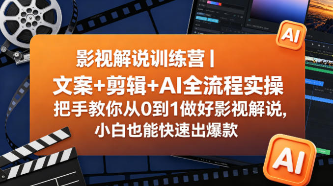 影视解说训练营｜文案+剪辑+AI全流程实操，把手教你从0到1做好影视解说，小白也能快速出爆款-九九网创