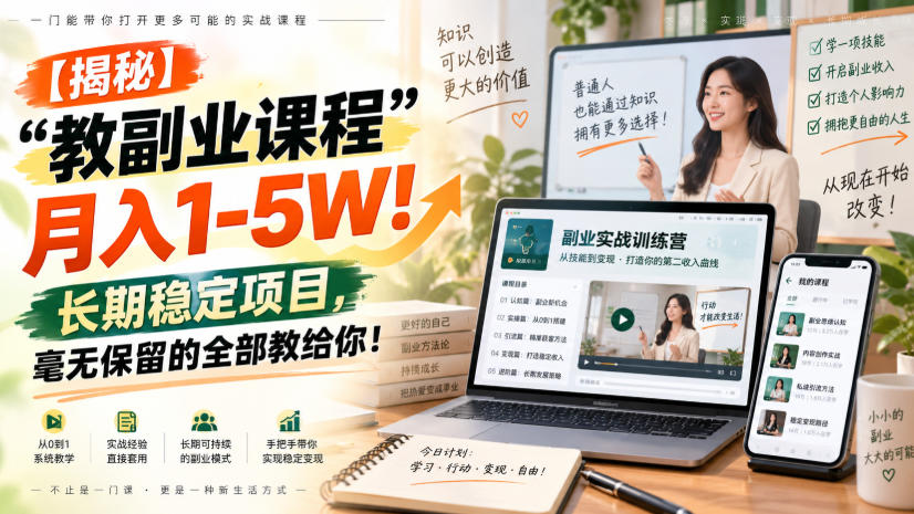 【揭秘】“教副业课程”月入1-5W！长期稳定项目，毫无保留的全部教给你！-九九网创
