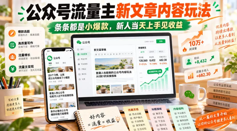 公众号流量主新文章内容玩法，条条都是小爆款，新人当天上手见收益-九九网创