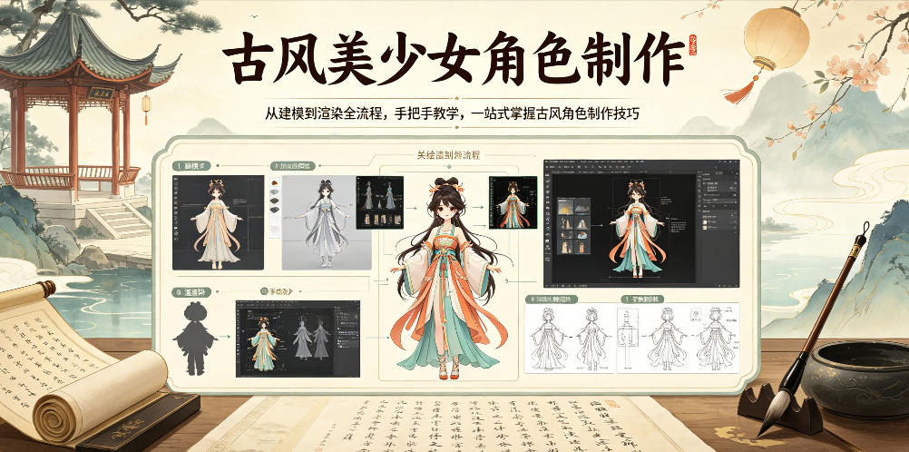 古风美少女角色制作,从建模到渲染全流程,手把手教学,一站式掌握古风角色制作技巧-九九网创