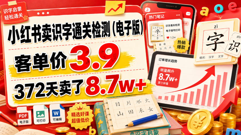 小红书卖识字通关检测（电子版），客单价3.9，372天卖了8.7w+-九九网创