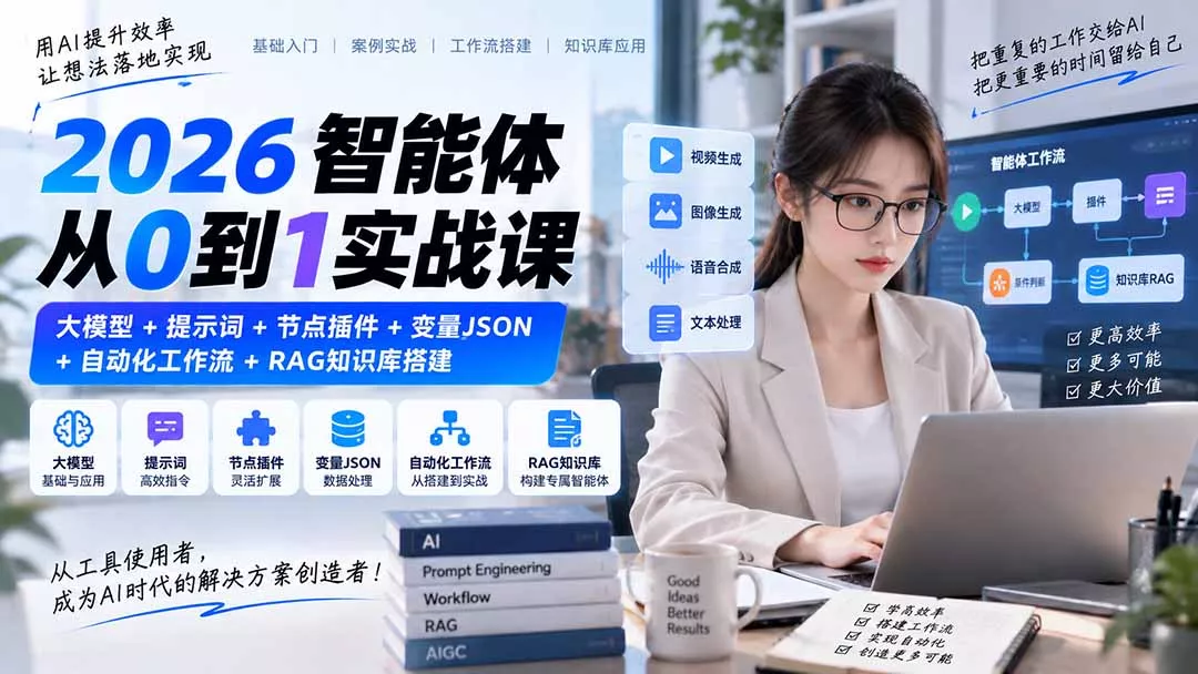 2026智能体从0到1实战课｜大模型+提示词+节点插件+变量JSON+自动化工作流+RAG知识库搭建-九九网创