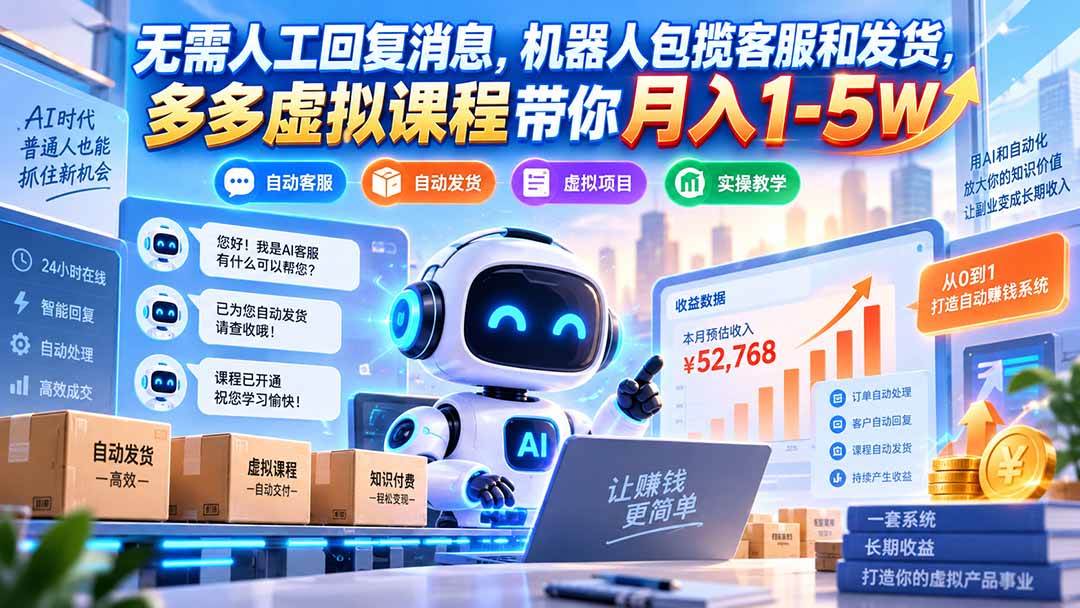 （20615期）无需人工回复消息，机器人包揽客服和发货，多多虚拟课程带你月入1-5W-九九网创