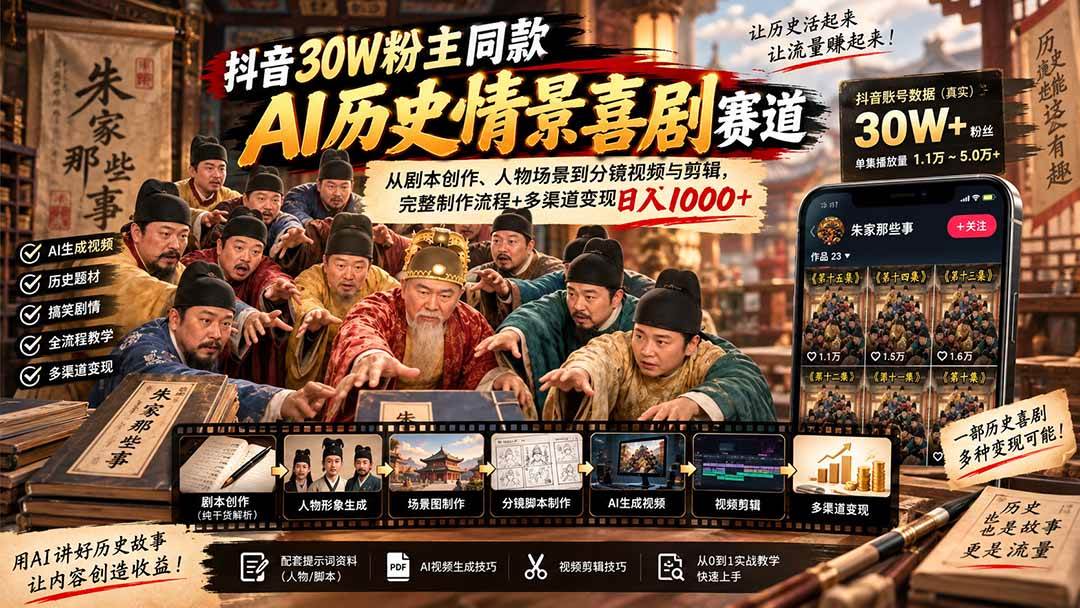（20613期）抖音30W粉博主同款AI历史情景喜剧赛道：从剧本创作、人物场景到分镜视频与剪辑，完整制作流程+多渠道变现日入1000+-九九网创
