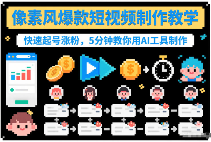 像素风爆款短视频制作教学，快速起号涨粉，5分钟教你用AI工具制作-九九网创