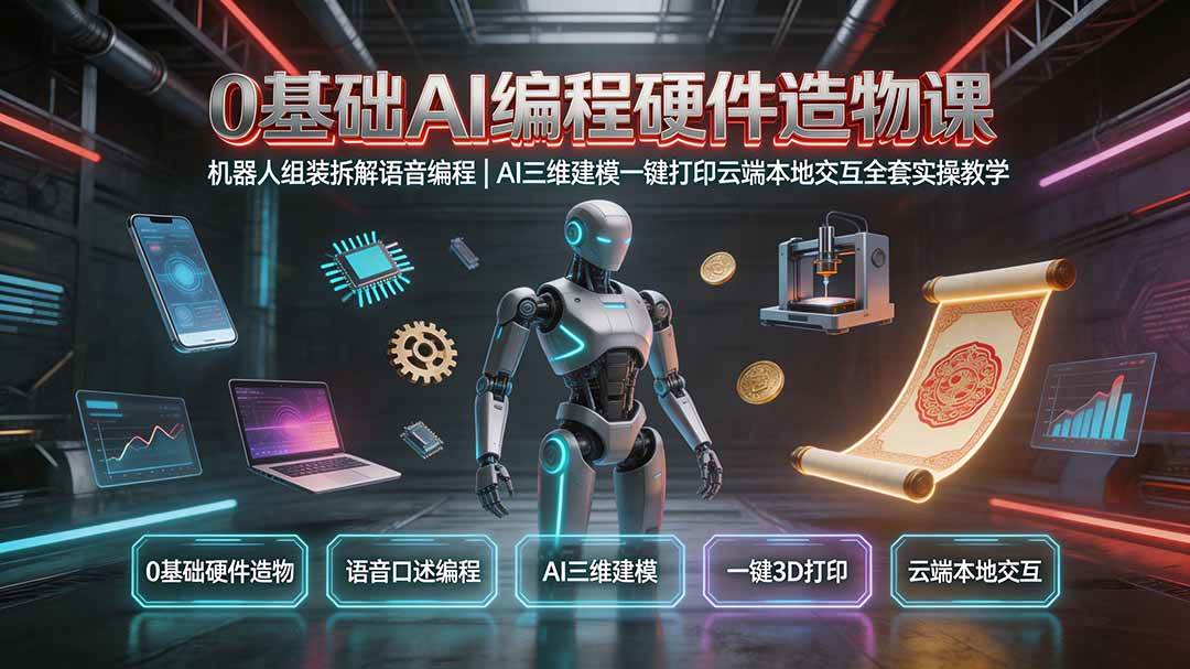 （19612期）0基础AI编程硬件造物课｜机器人组装拆解语音编程，AI三维建模一键打印云端本地交互全套实操教学-九九网创