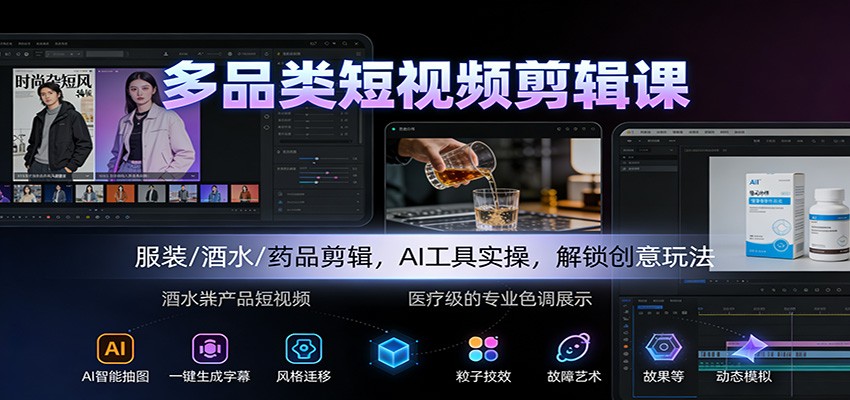 多品类短视频剪辑课:服装/酒水/药品剪辑,AI工具实操,解锁创意玩法-九九网创