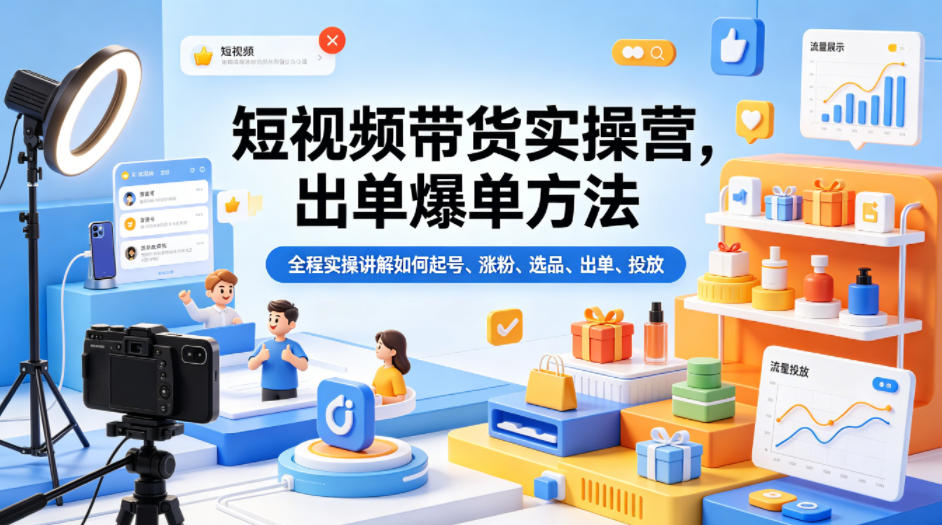 短视频带货实操营，出单爆单方法，全程实操讲解如何起号、涨粉、选品、出单、投放（更新0515）-九九网创