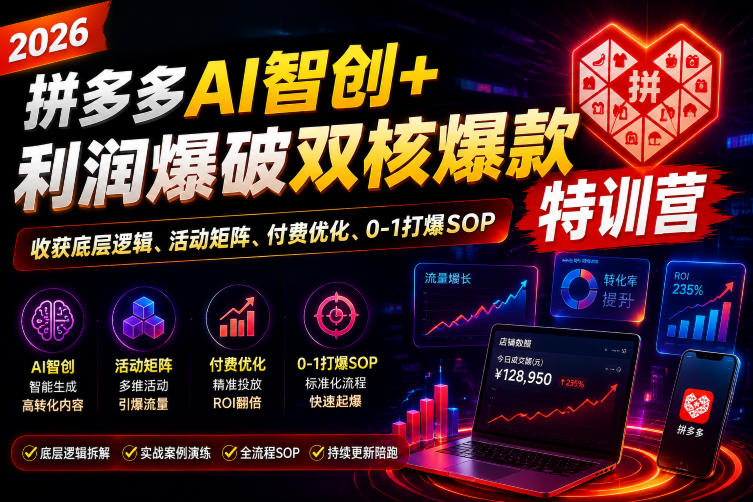 2026拼多多AI智创+利润爆破双核爆款特训营，收获底层逻辑、活动矩阵、付费优化、0-1打爆SOP（更新0727）-九九网创