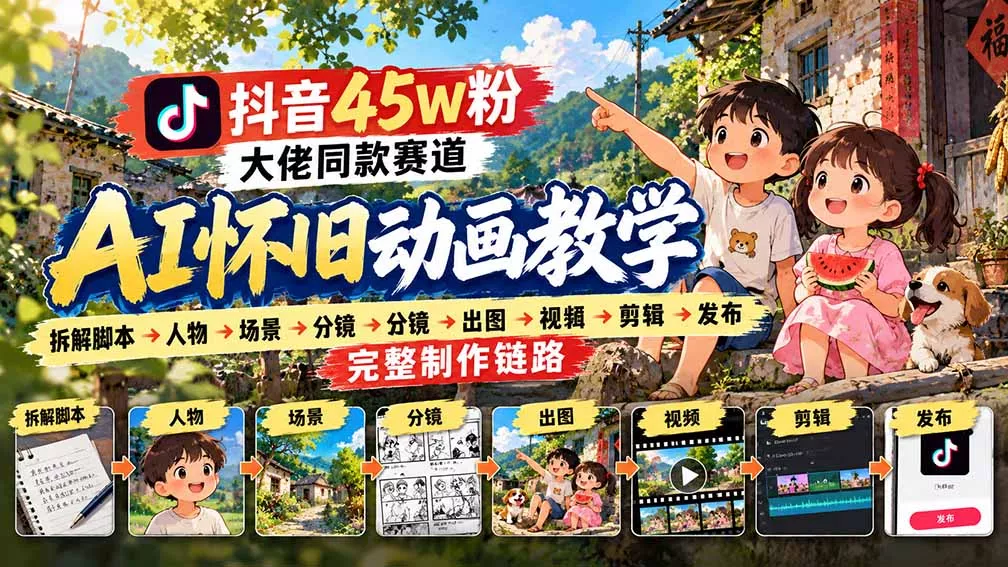 抖音45W粉大佬同款赛道AI怀旧动画教学：拆解脚本→人物→场景→分镜→出图→视频→剪辑→发布完整制作链路-九九网创
