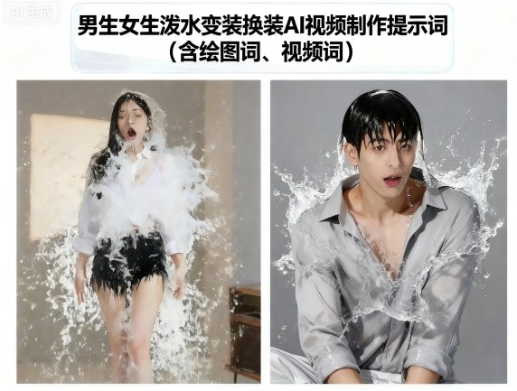 男生女生泼水变装换装AI视频制作提示词(含绘图词、视频词)-九九网创
