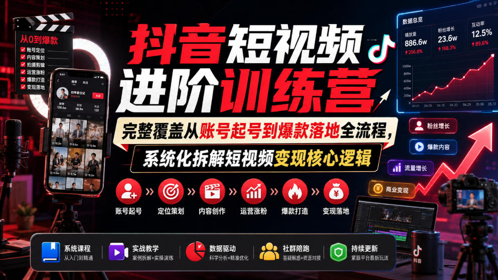 抖音短视频进阶训练营，完整覆盖从账号起号到爆款落地全流程，系统化拆解短视频变现核心逻辑-九九网创