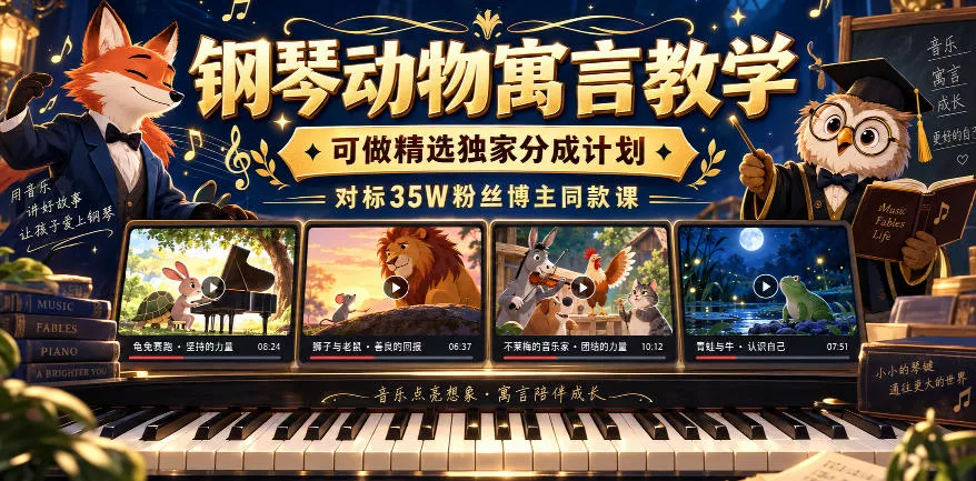 钢琴动物寓言教学，可做精选独家分成计划，对标35W粉丝博主同款课-九九网创