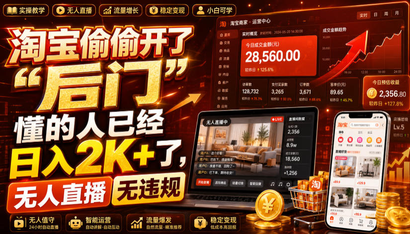 淘宝偷偷开了“后门”，懂的人已经日入2K+了，无人直播无违规，一台电脑=一家24小时营业的线上门店【揭秘】-九九网创