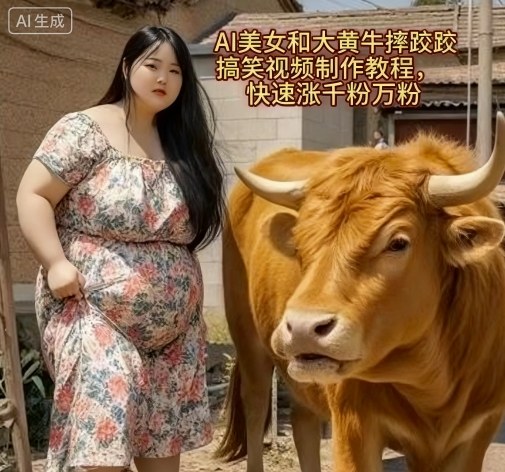 AI美女和大黄牛摔跤搞笑荒诞视频制作教程，快速涨千粉万粉-九九网创