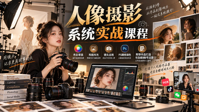 【无水印】人像摄影系统实战课程,色彩审美、构图布光、镜头运用、PS精修调色,附带作品打造与自媒体账号运营-九九网创
