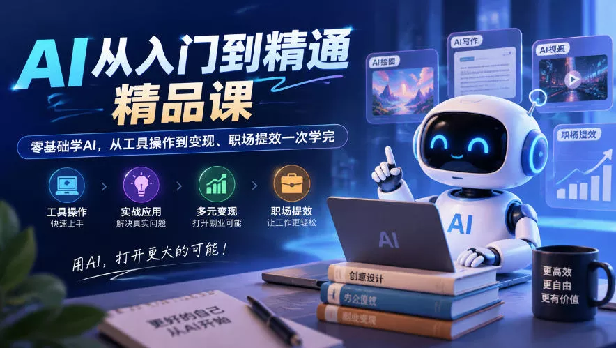 AI从入门到精通精品课，零基础学AI，从工具操作到变现、职场提效一次学完-九九网创
