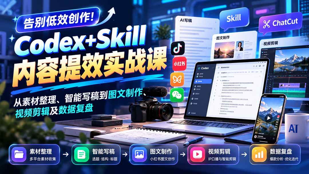 （20915期）【无水印】告别低效创作！Codex+Skill内容提效实战课：从素材整理、智能写稿到图文制作、视频剪辑及数据复盘-九九网创