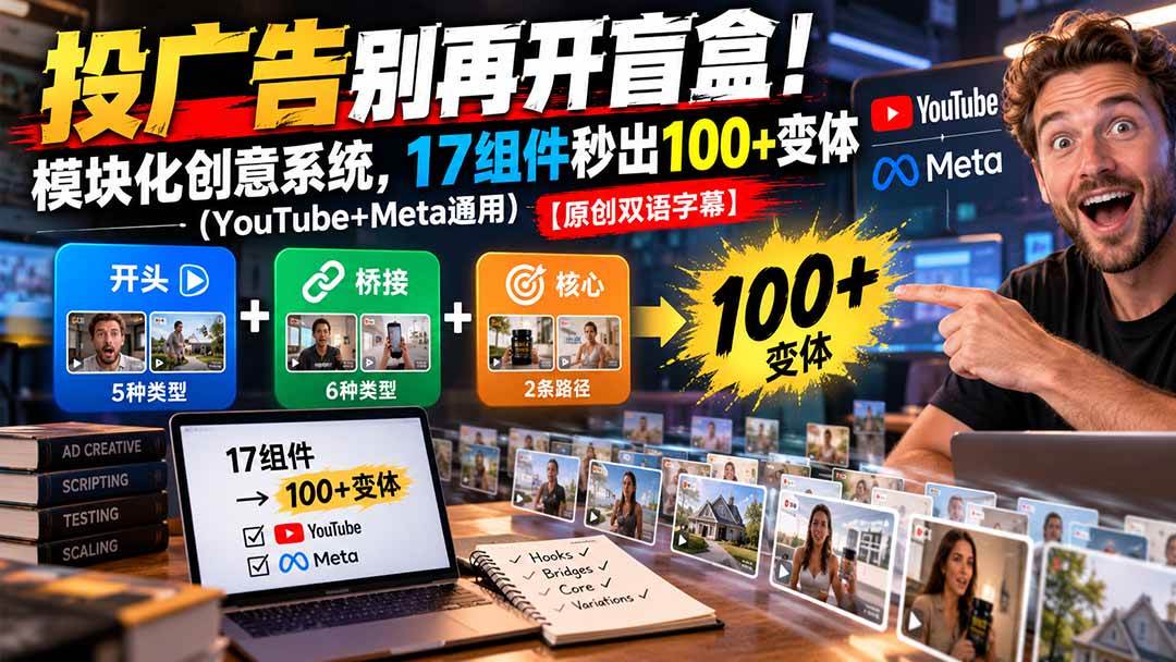 （20840期）投广告别再开盲盒！模块化创意系统，17组件秒出100+变体（YouTube+Meta通用）【原创双语字幕】-九九网创