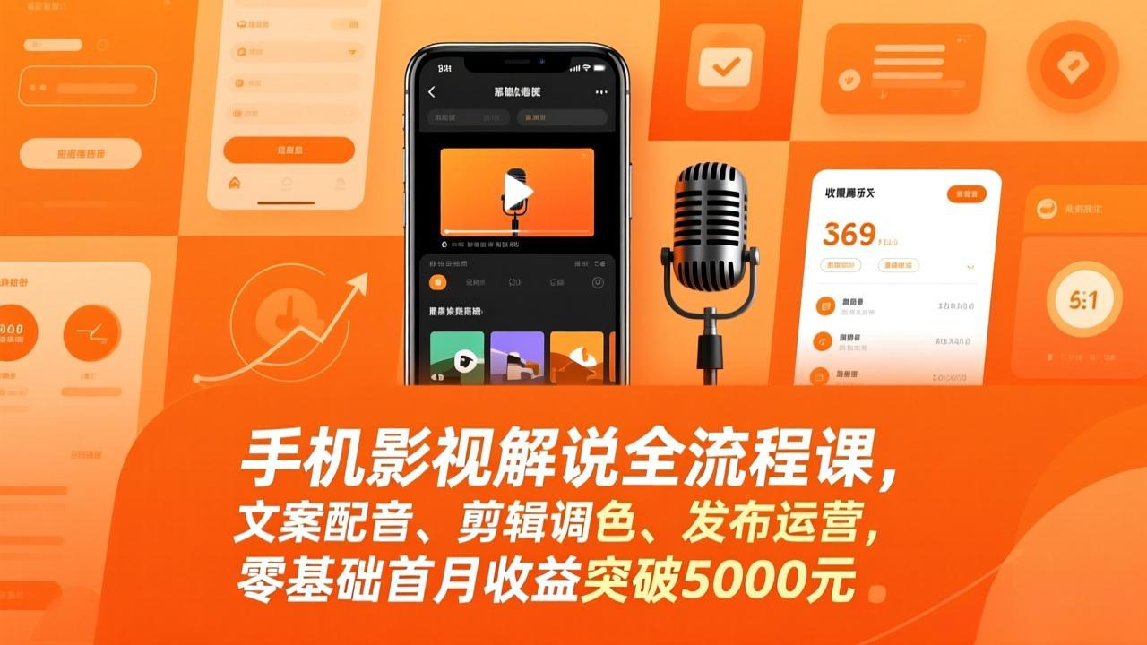 手机影视解说全流程课，文案配音、剪辑调色、发布运营，零基础首月收益突破5000元-九九网创