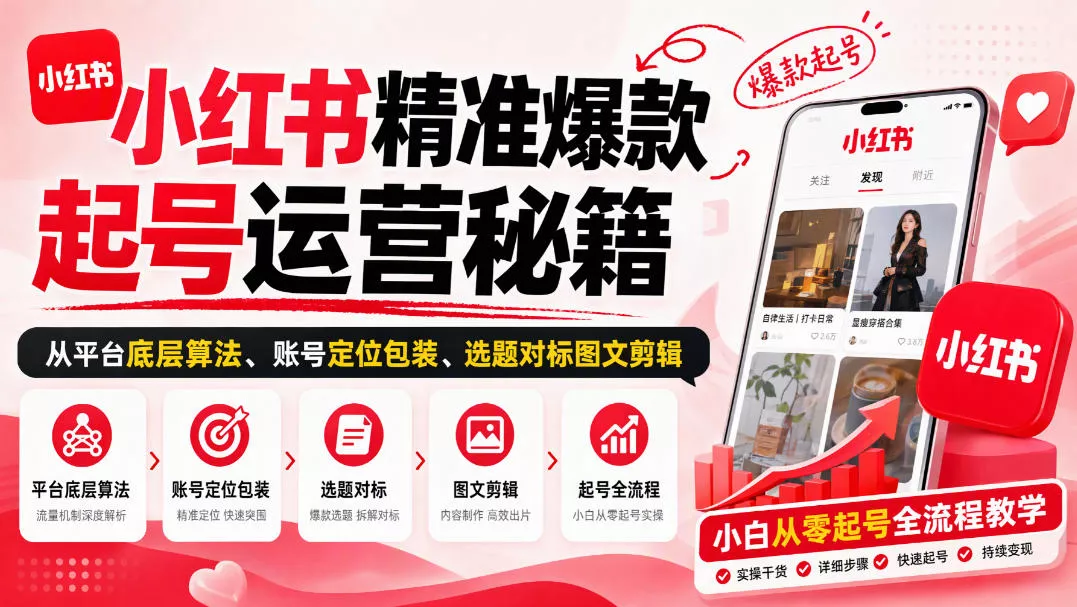 小红书精准爆款起号运营秘籍，从平台底层算法、账号定位包装、选题对标图文剪辑，小白从零起号全流程-九九网创