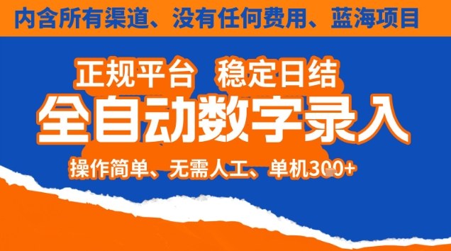 全自动数字录入，单机日入3张+，内含所有渠道全程免费零成本，操作简单可矩阵开干【揭秘】-九九网创