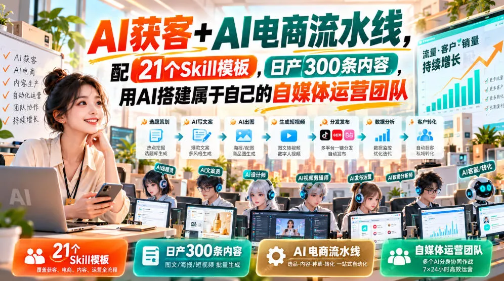 AI获客+AI电商流水线，配21个Skill模板，日产300条内容，用AI搭建属于自己的自媒体运营团队-九九网创