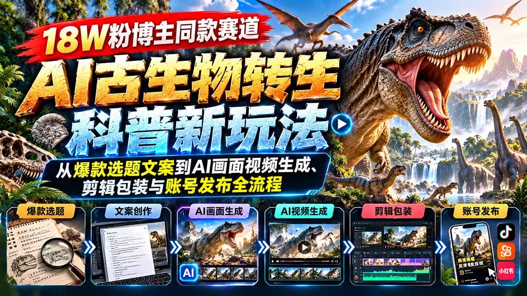 18W粉博主同款赛道-AI古生物转生科普新玩法：从爆款选题文案到AI画面视频生成、剪辑包装与账号发布全流程-九九网创