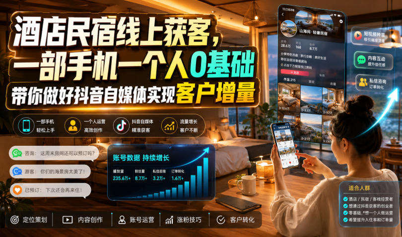 酒店民宿线上获客，一部手机一个人0基础带你做好抖音自媒体实现客户增量-九九网创