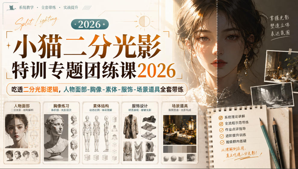 小猫二分光影特训专题团练课2026｜吃透二分光影逻辑，人物面部‑胸像‑素体‑服饰‑场景道具全套带练，高清画质附赠课件与笔刷-九九网创