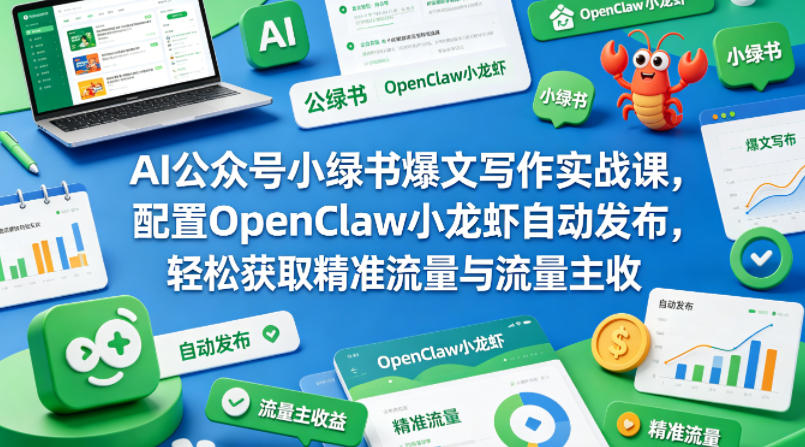 AI公众号小绿书爆文写作实战课，配置OpenClaw小龙虾自动发布，轻松获取精准流量与流量主收益-九九网创