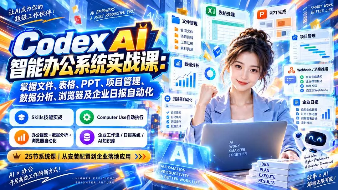 Codex AI智能办公系统实战课：掌握文件、表格、PPT、项目管理、数据分析、浏览器及企业日报自动化-九九网创