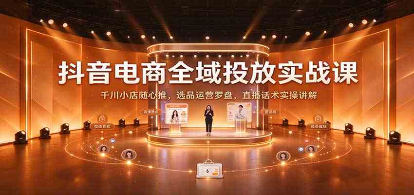 抖音电商全域投放实战课：千川小店随心推，选品运营罗盘，直播话术实操讲解-九九网创